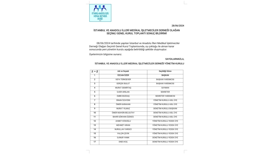 Yeni Yönetim Kurulumuzun Belirlendiği Genel Kurul Kararı